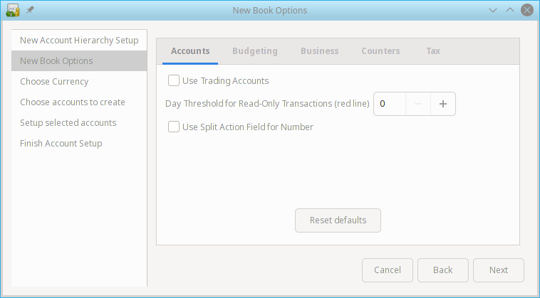 New Account Hierarchy Setup: Book Options